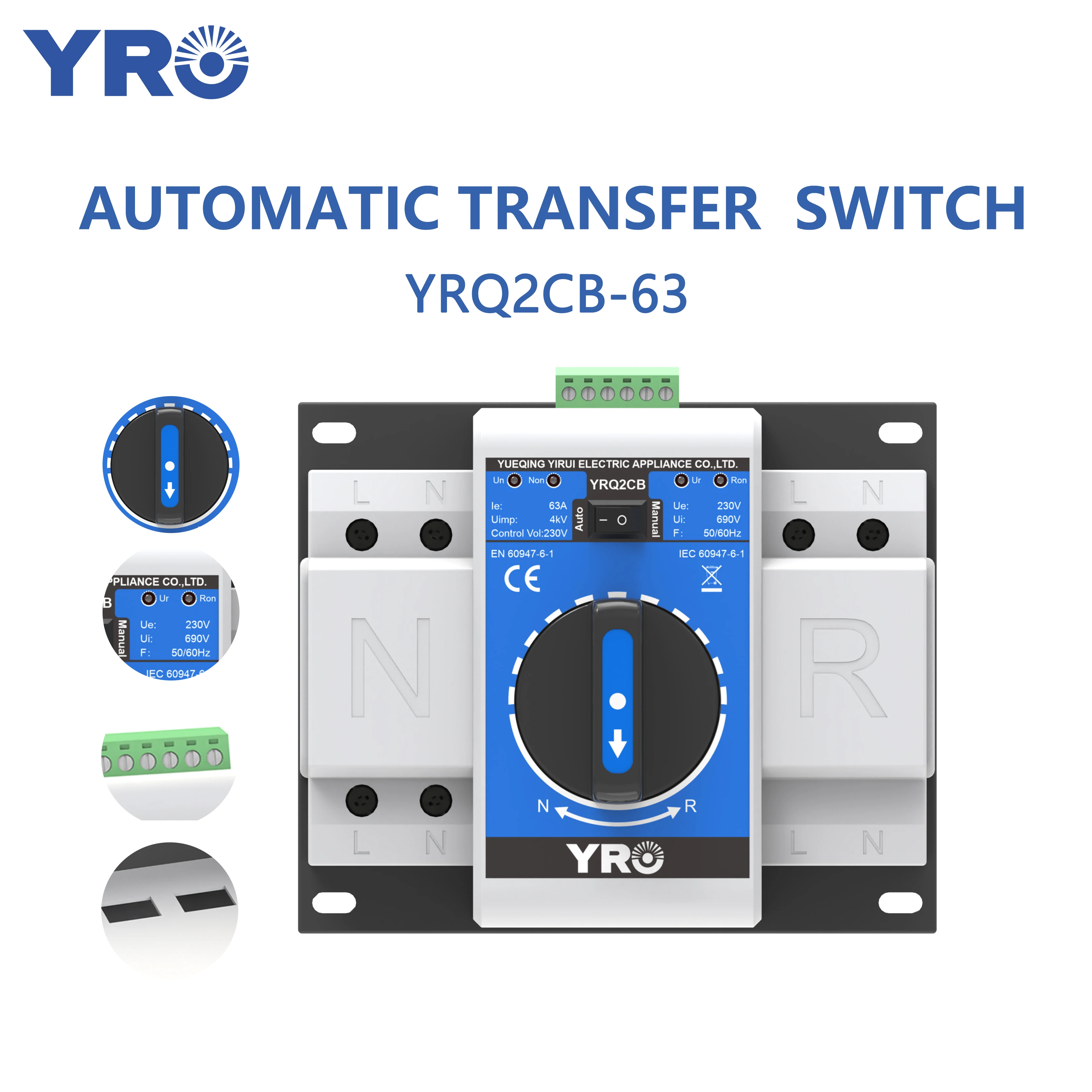 YRO Dual Power Changeover Switch 2P 63A 220V Automatic Generator Transfer Switch Controller ATS Electric Device Switch