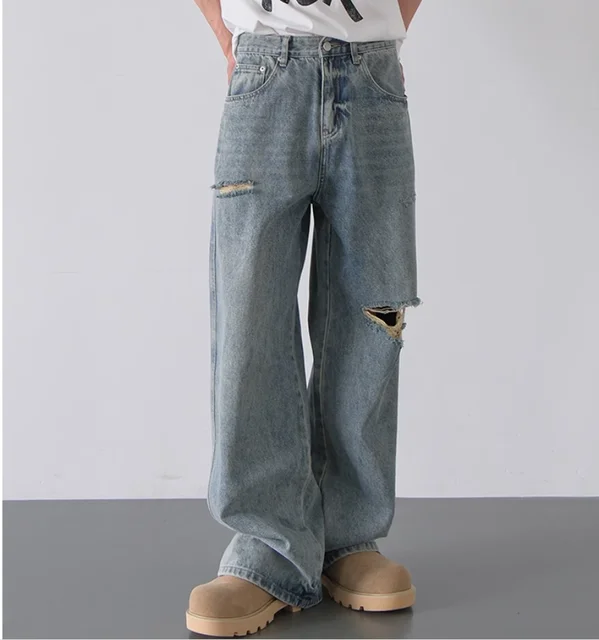 Hole design Straight Men Jean Washed Style Distreeted Jeans Oversize Denim Trouser Hole Loose Pant For Men