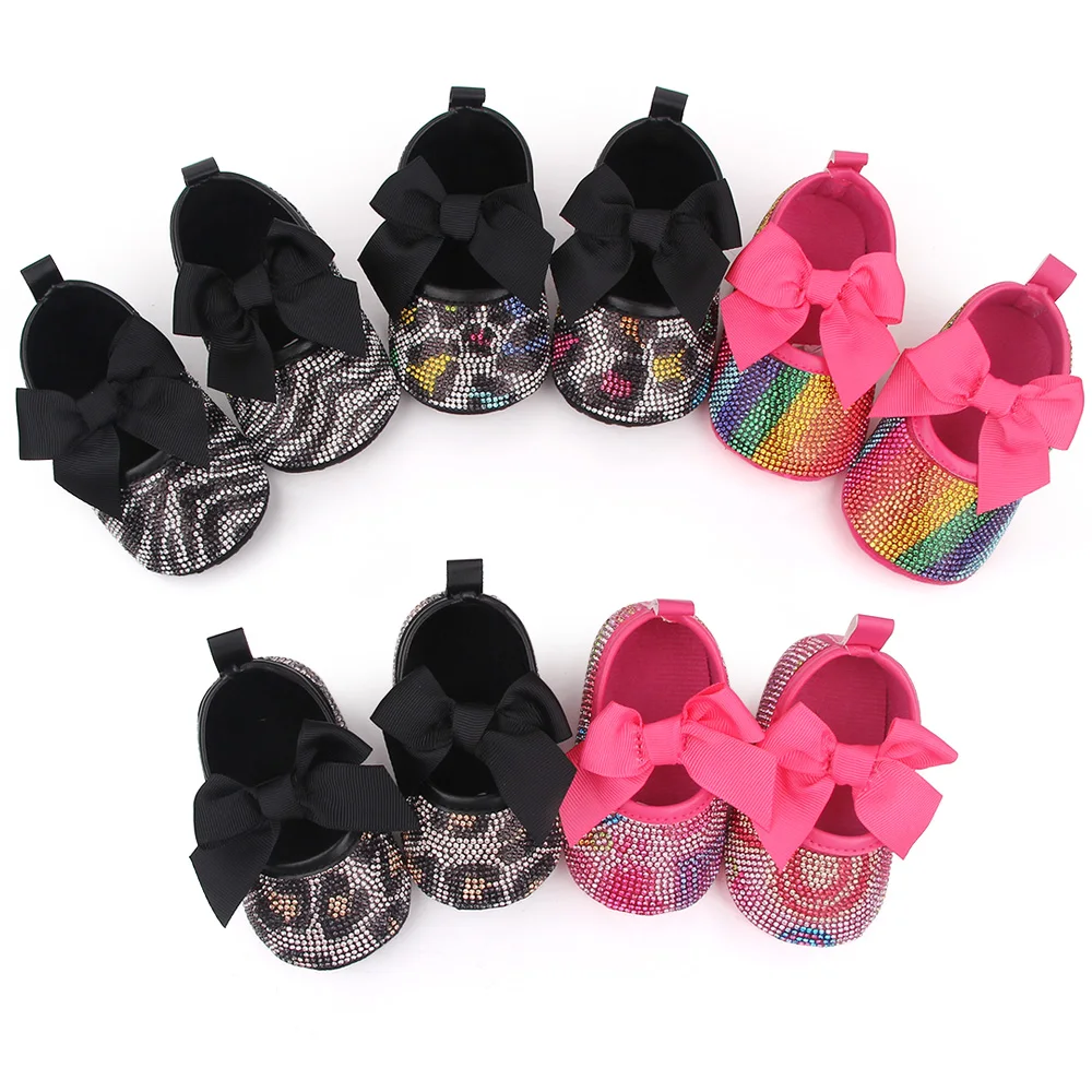 Baby Girls Solid Color Big Bow Rhinestone Pattern Infants Soft Soled Princess Walking Shoes supplier