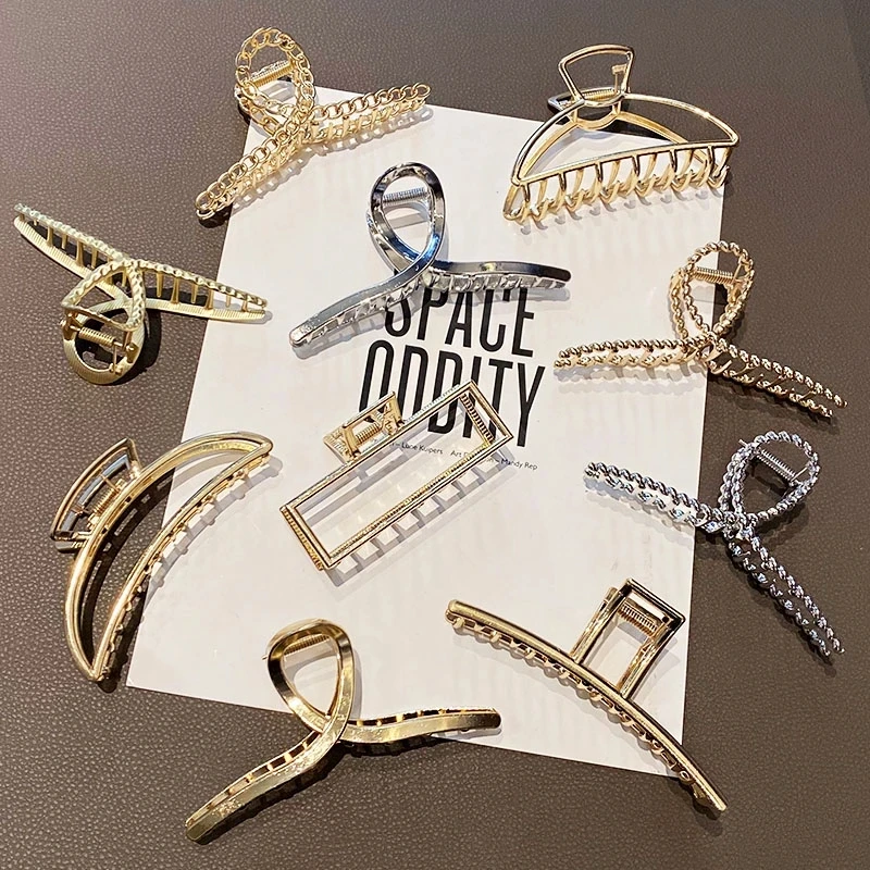 3 Pcs Hair Clips Large Etal Hair Claw Clips Golden Hollow Non-slip - Foto 4