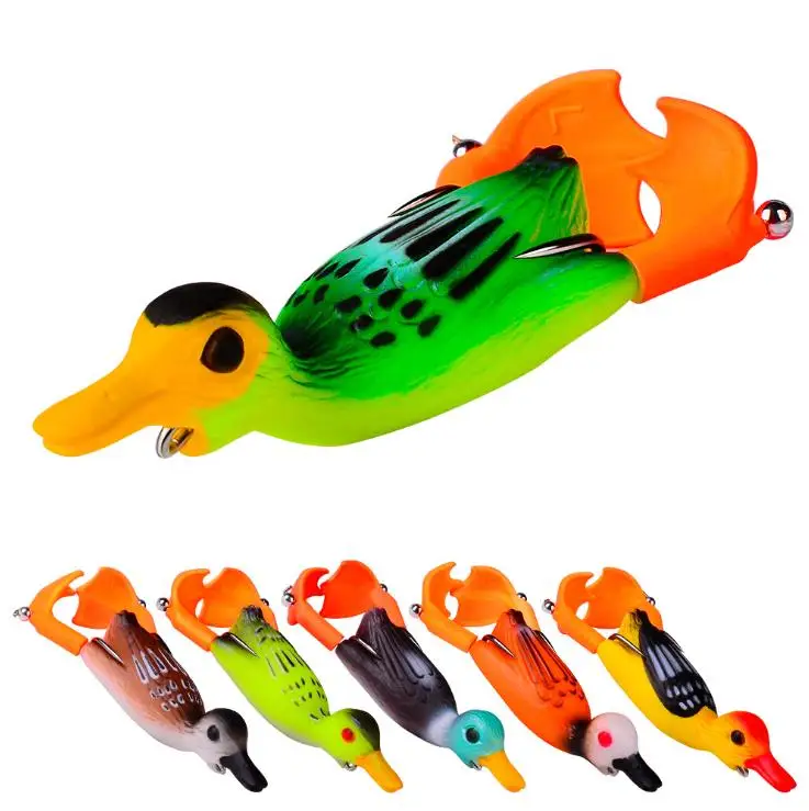 3 esche da pesca in superficie comprendenti esche da pesca in superficie a forma di anatra 3D con gancio per acqua dolce bar luccio testa di serpente