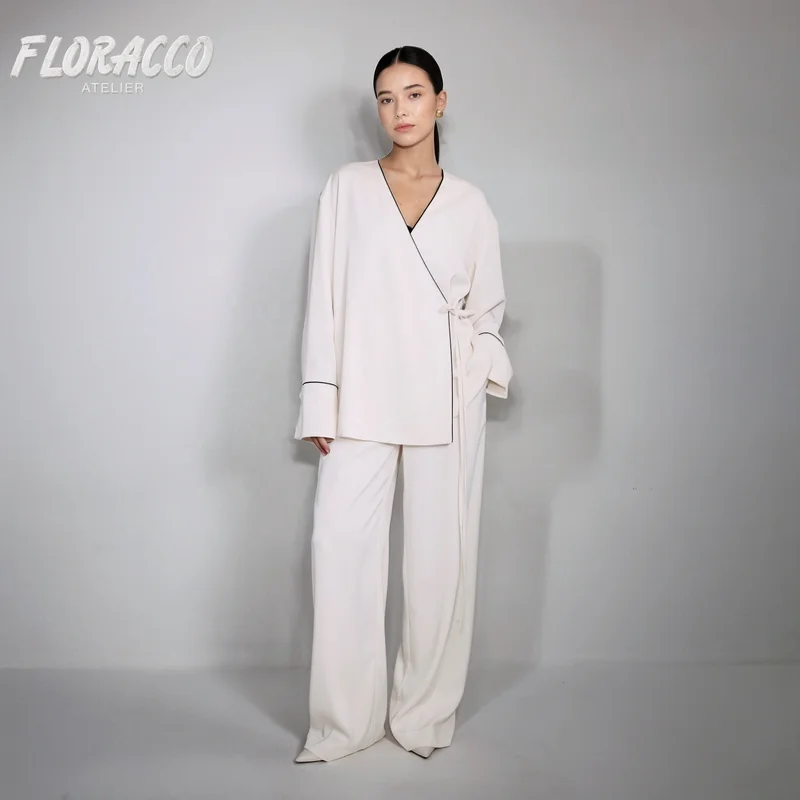 Womens Satin Pajama Set Soft Polyester Long Sleeve Wrap Pants Two Piece Loungewear