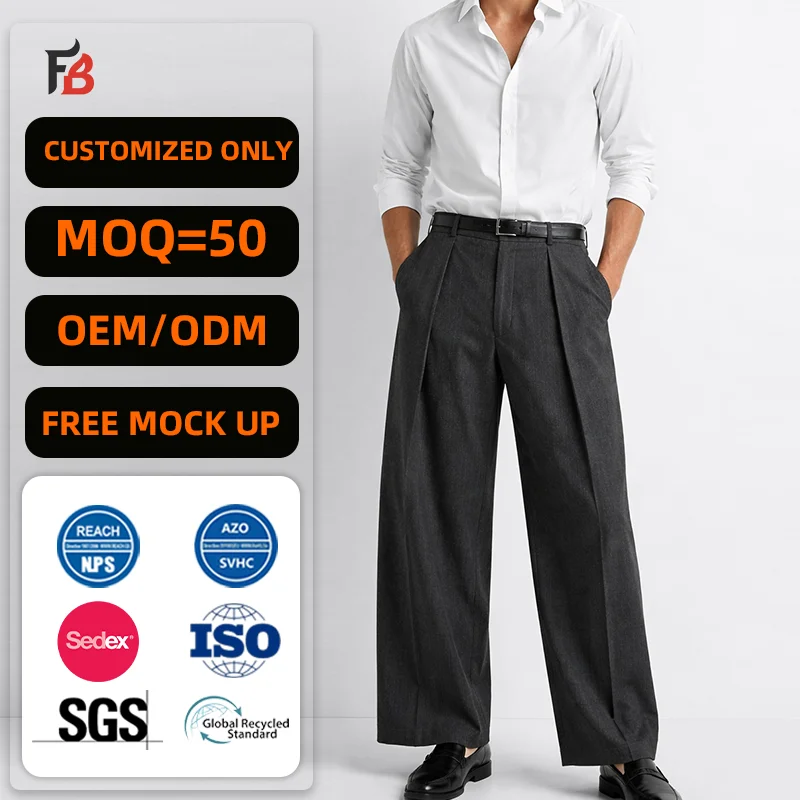 Premium Wrinkle Men's Suit Bottoms Pinstripe Wide Leg Pants High Waisted Pleated Formal Trousers for Business Office