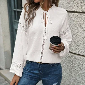 2025 New European American Vintage Style Jacquard Lace White Blouse Women Elegant Cross-Border Trade Hollow Top Casual Solid