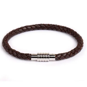Magnetic Clasp 6mm Brown Braided Stainless Steel Jewelry Men Braided Leather  Bracelet