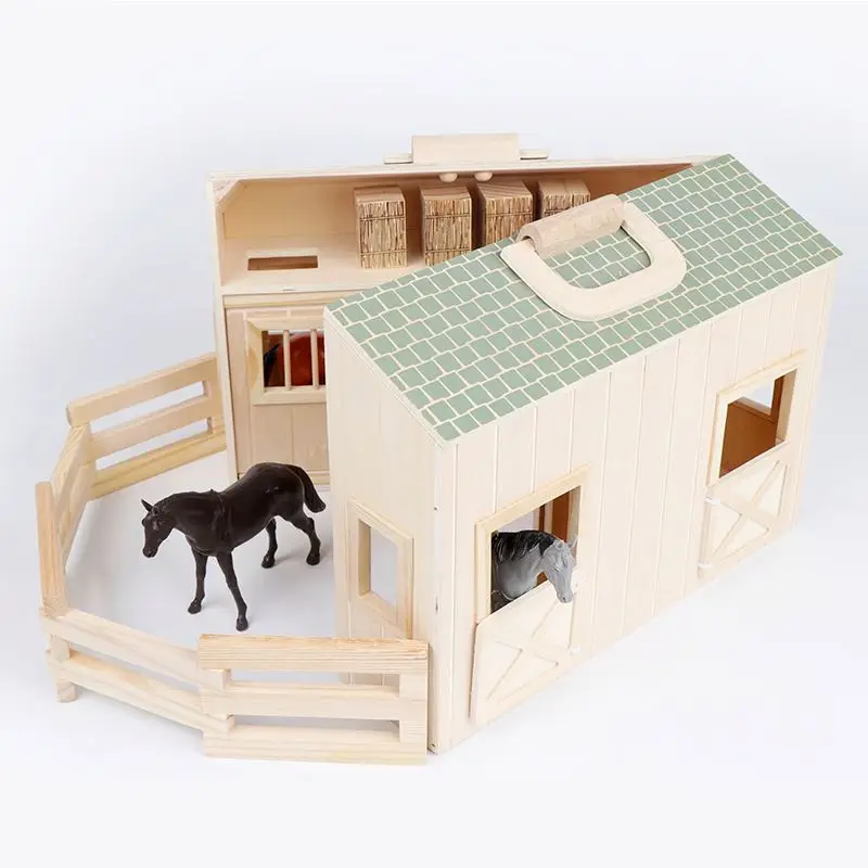 Wooden Educational Toys BSCI Factory Wooden Horse Stable Dollhouse Toy with Handle and Toy Horse