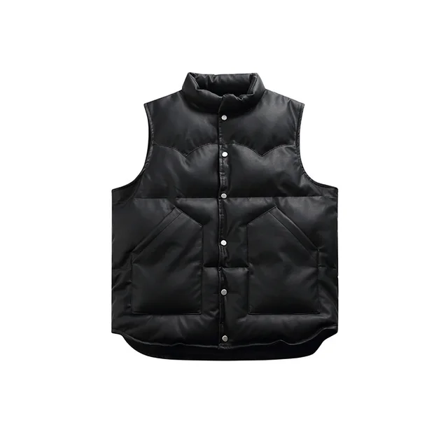 High end Solid color pocket decoration PU leather cotton puffer vest retro loose sleeveless down waistcoat vest