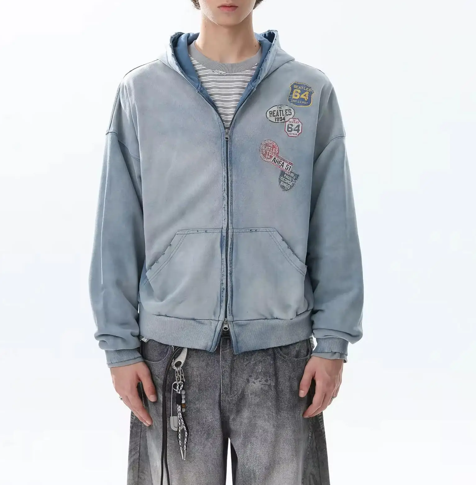 OEM Customized Vintage Snow Wash Zipper Hoodie American Trend Retro High Quality Letter Print Casual Loose Fit Zipper Hoodie gallery 3