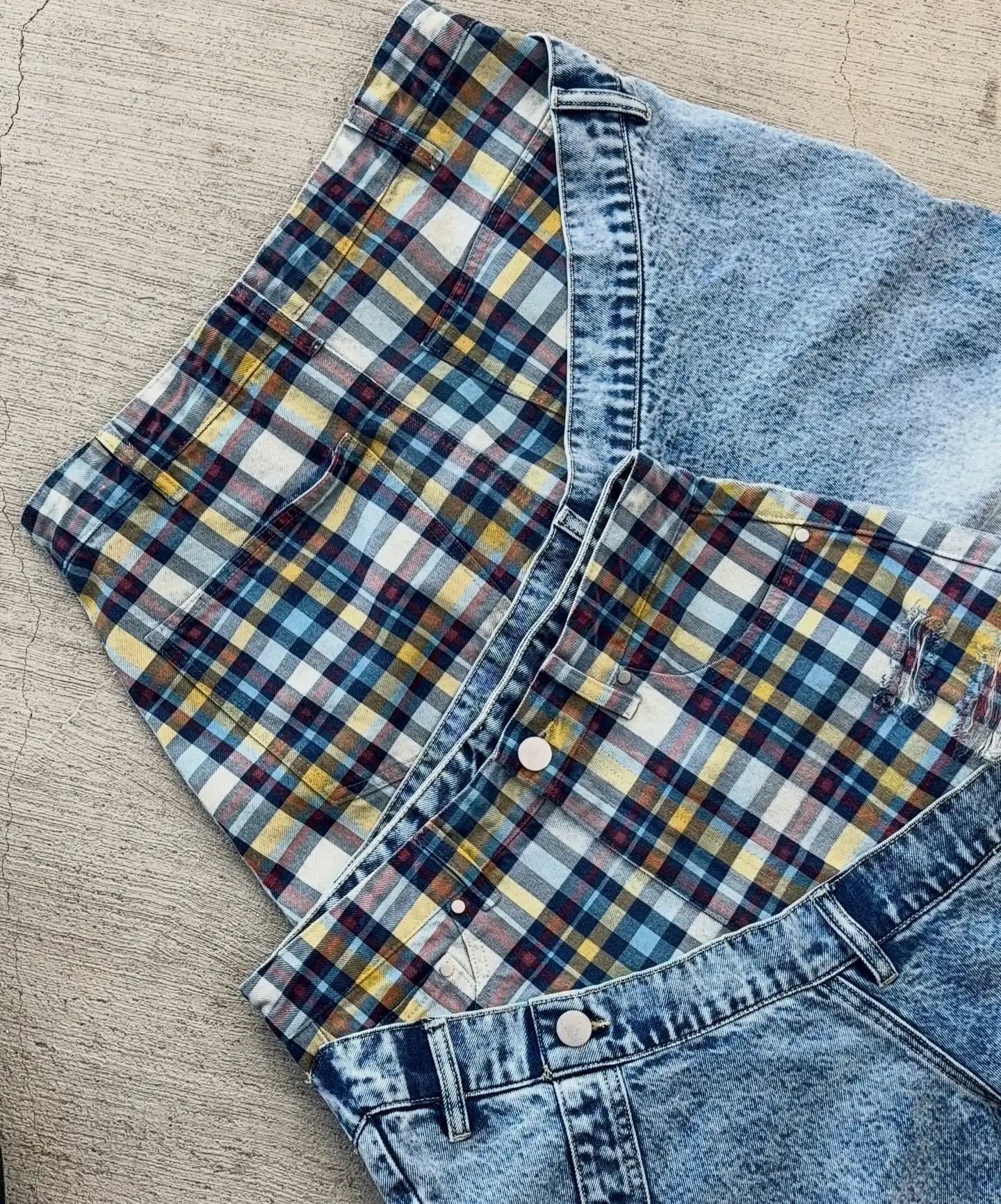 SALATI Denim Manufacturer Customizes Street Style Vintage Pickled Patchwork Plaid Washed Wide Leg Loose Distressed Jeans for Men gallery 2
