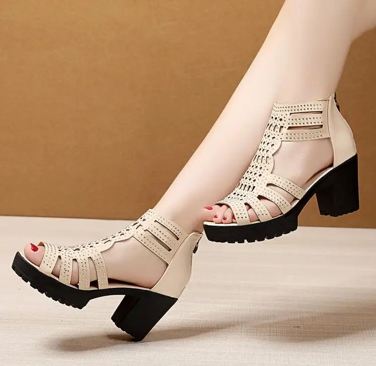 Factory Price Lady Platform Sandals Chunky High Heel Open Toe Heels Zip ...
