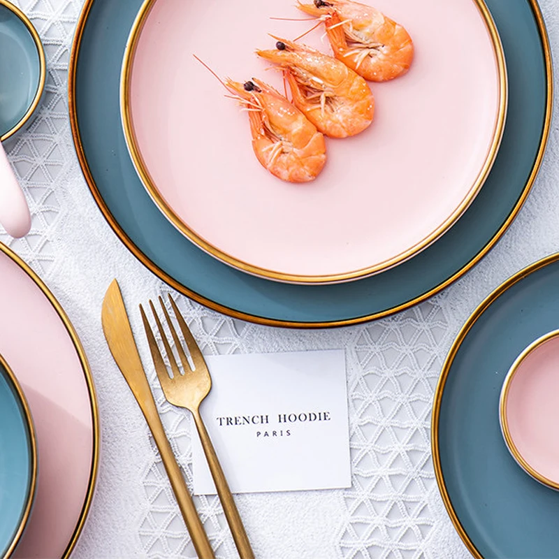 Factory Custom Ceramic Pink Color Dinnerware Sets Ceramic Tableware With Gold Rim Porcelain Plates for Banquet Event Party