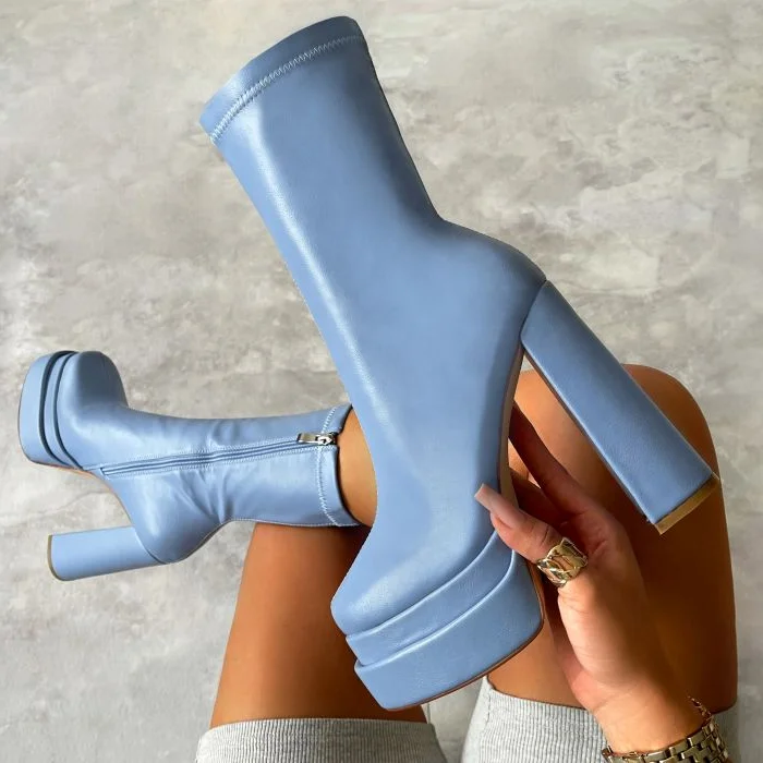 Green Double Platform Short Boots Solid Leather Side Zip Great Quality Ankle Boots Thick Heel Shoes Large Size 45