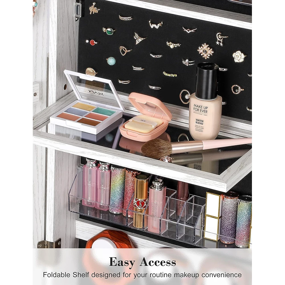 360° Swivel Rotatable Full Length Mirror Standing Jewelry Cabinet with Foldable Makeup Shelf and 3 Rear Storage Racks manufacture