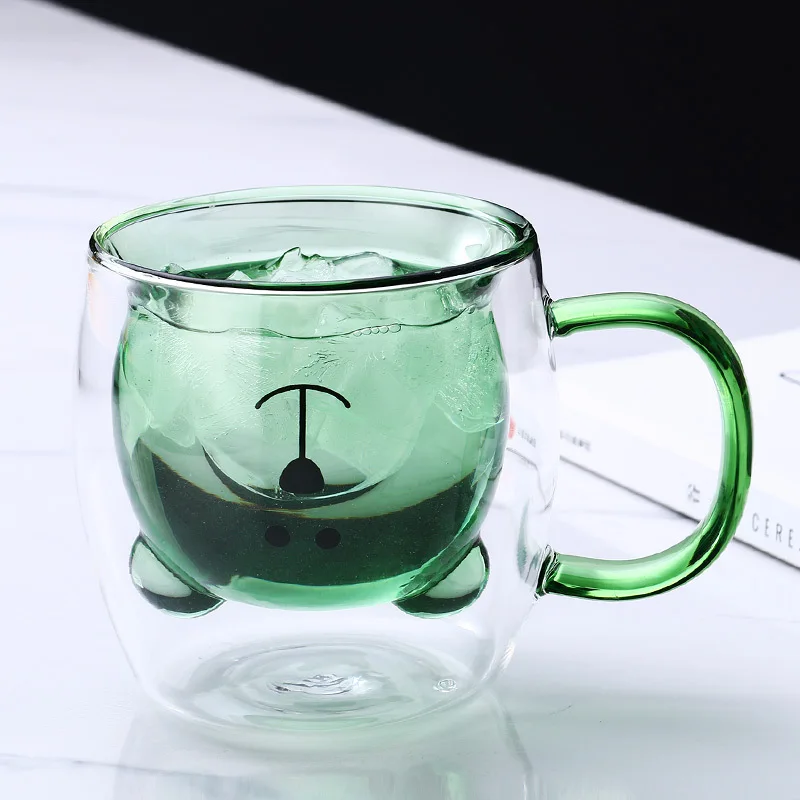 RNSUNH - 2 tazze da tè a forma di orso, a doppia parete, isolate in vetro, tazza da caffè, tè, latte, idea regalo per compleanno personale e ufficio