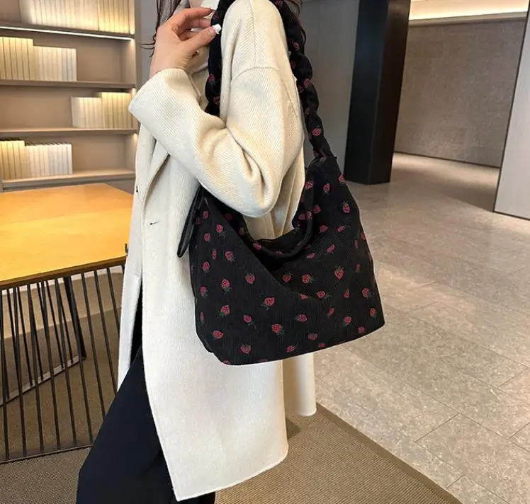 DragonX2 Borsa A Tracolla In Corda Borsa Shopper Per Fragole Borsa Tote In Velluto A Coste Per Libri, Viaggi, Tutti I Giorni, Scuola, Lavoro, Borsa Per La Spesa Per Ragazze