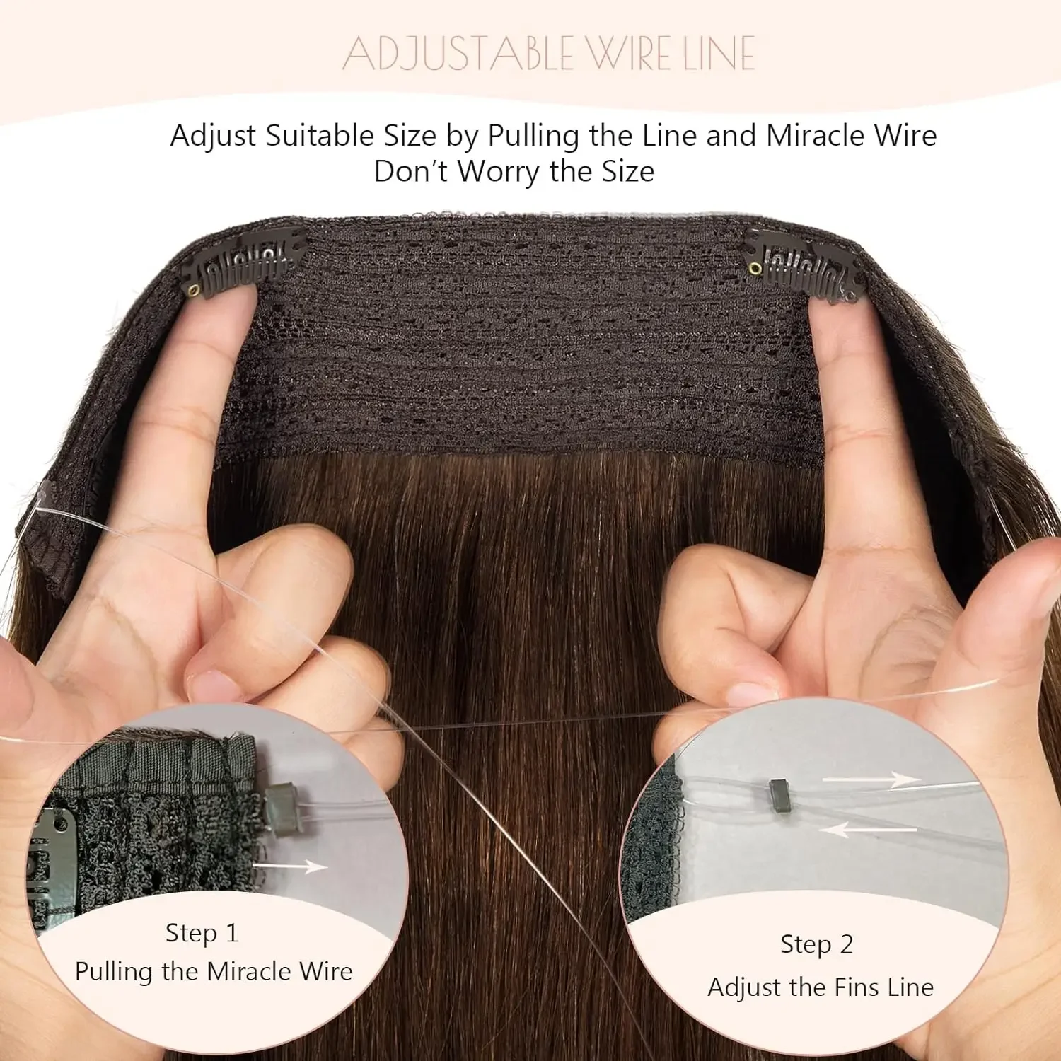 Black Remy Human Hair Extensions Invisible Wire Hairpiece with Fish Line_voghion.com