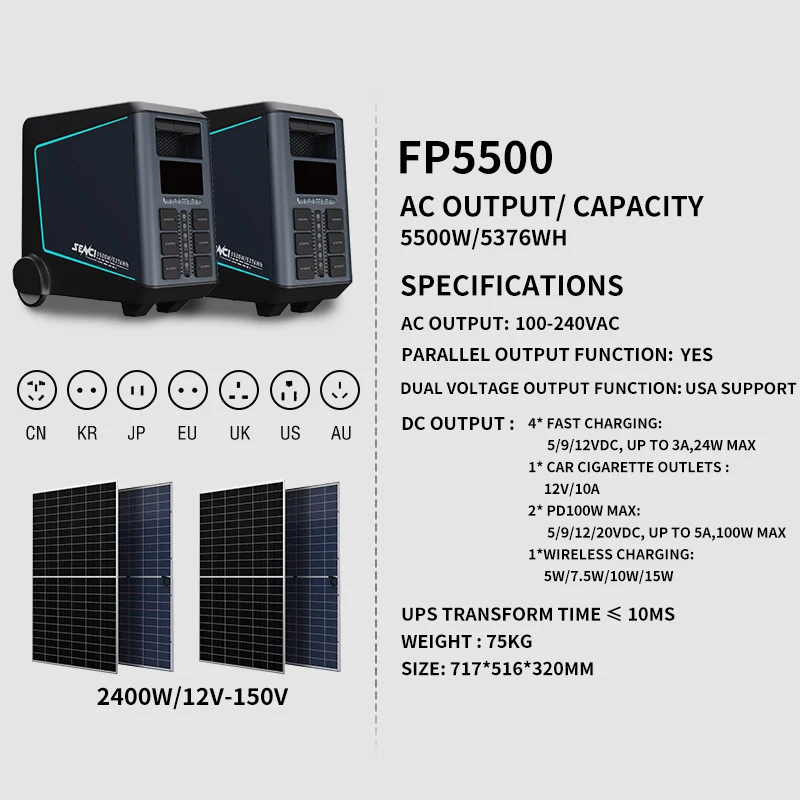 Power Station Solar Generator 5000w 5.5KW Capacity LiFePO4 Battery 110V 220V Featuring MPPT UPS 10S for Home