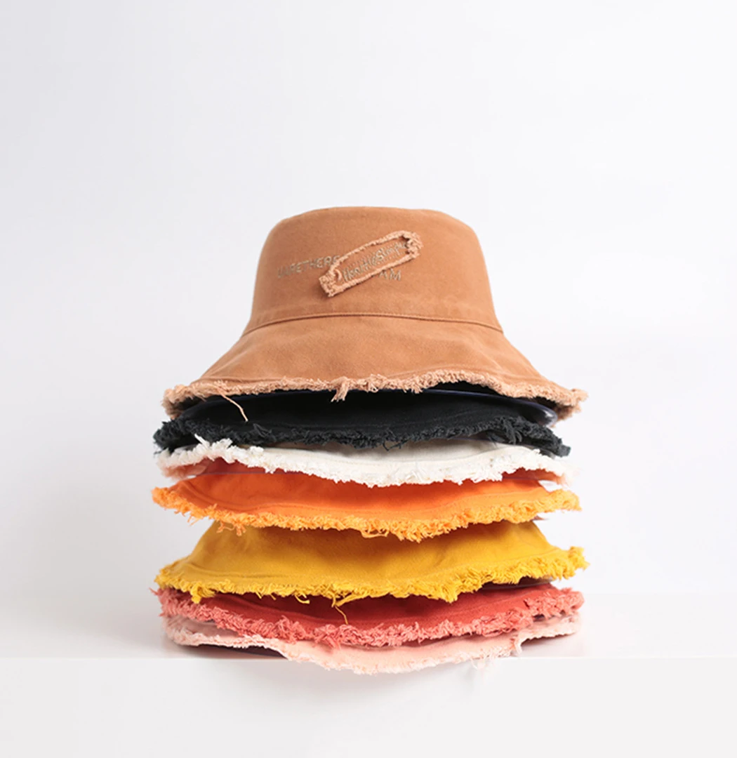 LT227 Summer Plain Washed Frayed Bucket Hat Outdoor Travelling Fisherman Caps Women Wide Brim Summer Cap