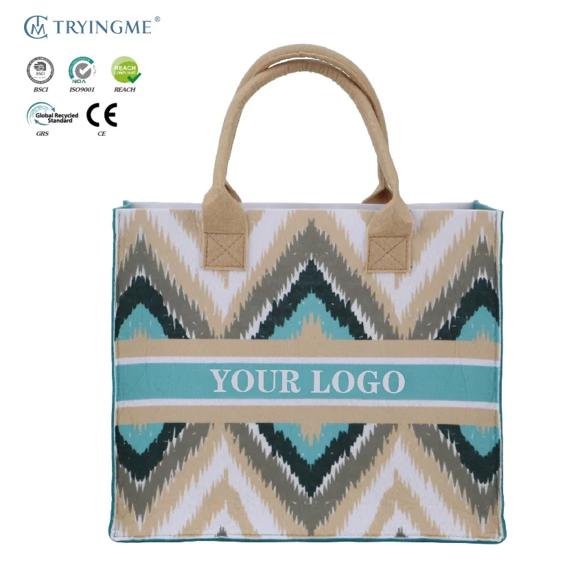 Wholesale Custom Logo Colorful Felt Tote Bag Fashionable Open Closure Handbag with Embroidery Decoration for Shopping Gift Bags