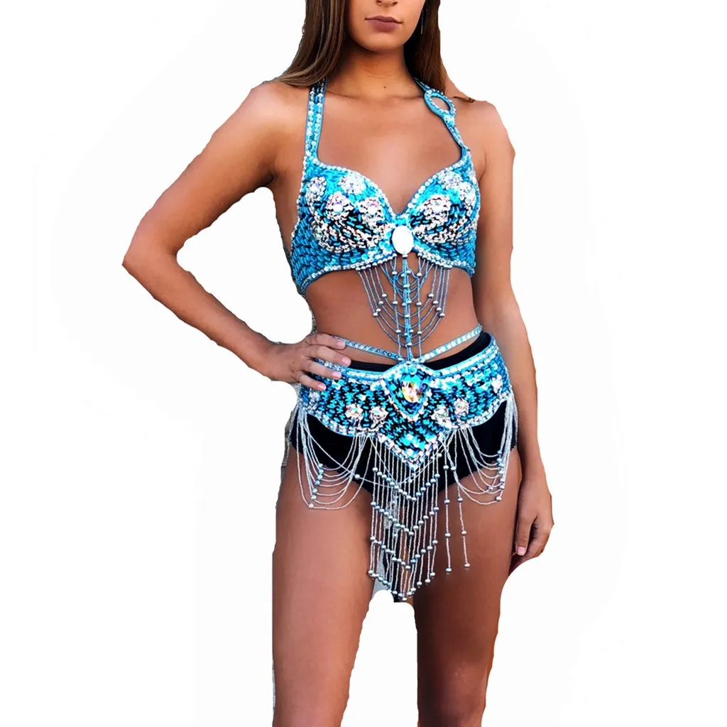  Belly Dance Costume Women Sexy Tribal Bra Belt Set Bra Top  Carnival Professional Dancing Suit Festival Performance Set,Blue,L :  Clothing, Shoes & Jewelry