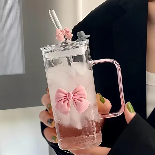 2024 square glass with handle, ins pink bow with straw tumbler juice glass mug