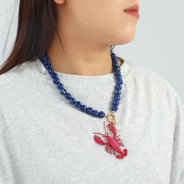 European American Summer Beach Fashion Handmade Clavicle Chain Exaggerated Red Lobster Blue Bead Pearl Alloy Chain Necklace