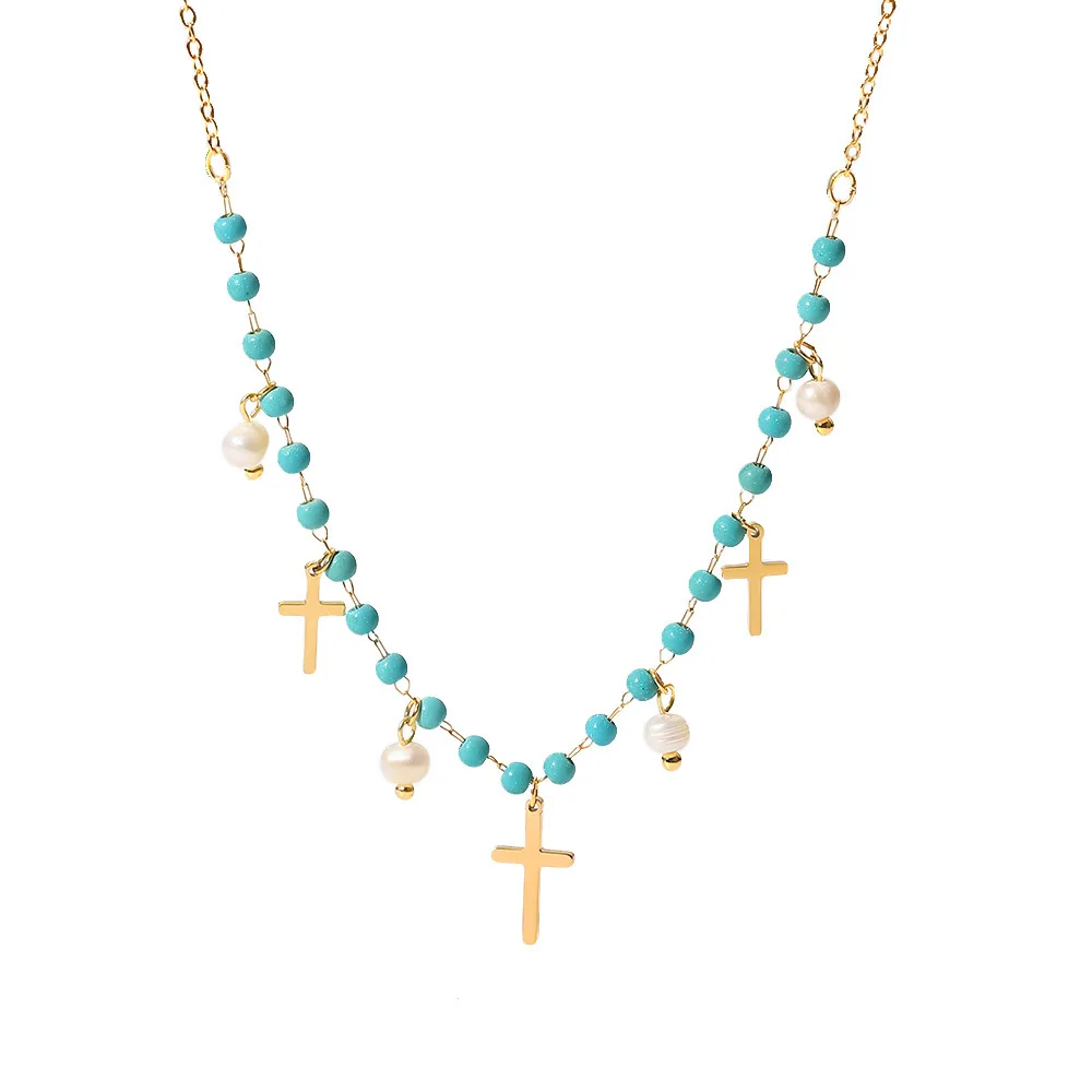 handmade gold plated cross beads necklace