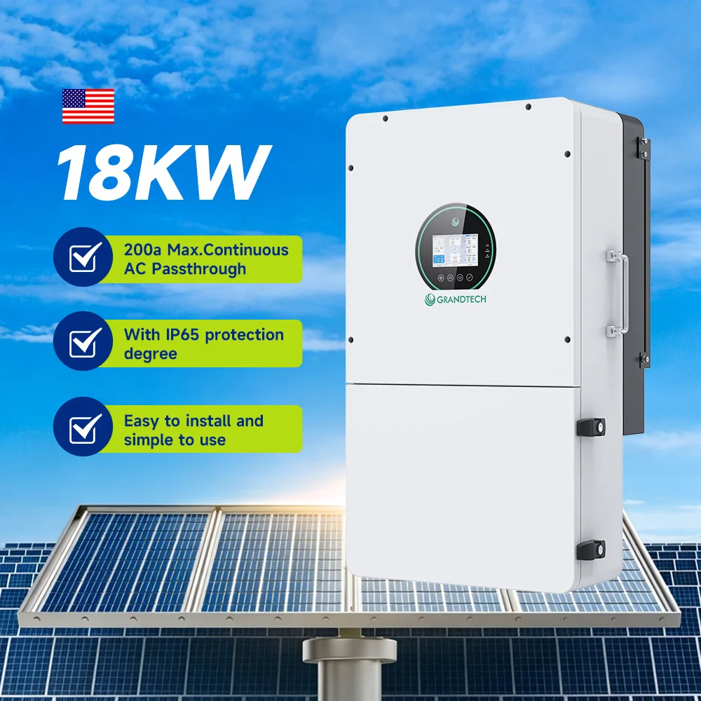 العاكس الهجين الأمريكي من طراز GT بسعة 18 كيلوواط وفولتية 48 فولت، ومزود بمتحكم شحن شمسي مدمج بتقنية تتبع نقطة القدرة القصوى (MPPT) بسعة 200 أمبير، مع خرج منفصل الطور بفولتيتين 120 فولت / 240 فولت، ومزود بشاحن تيار متردد