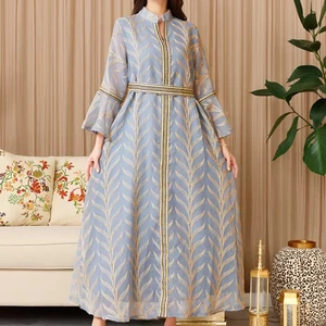 Middle Eastern Muslim Embroidered Horn Sleeve Long Women High Waist Elegant Pullover Dress
