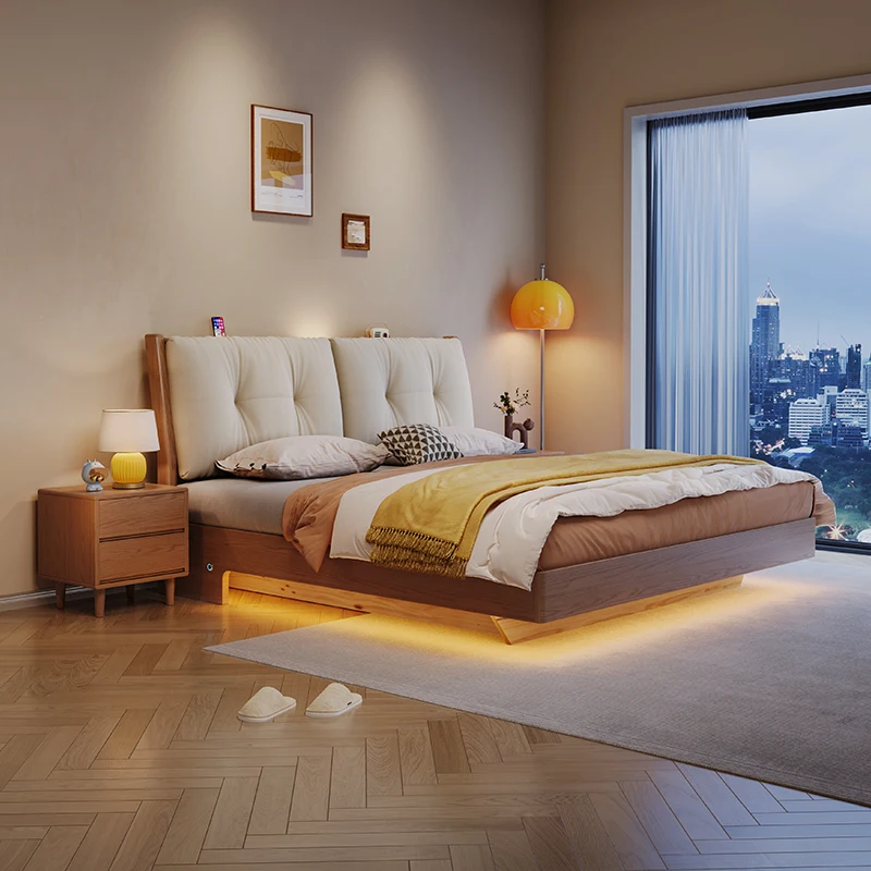 Custom Modern Design Queen/King Floating Bed With High Air Storage Box Solid Ash Wood Bedroom Furniture Bunk Bed Frame
