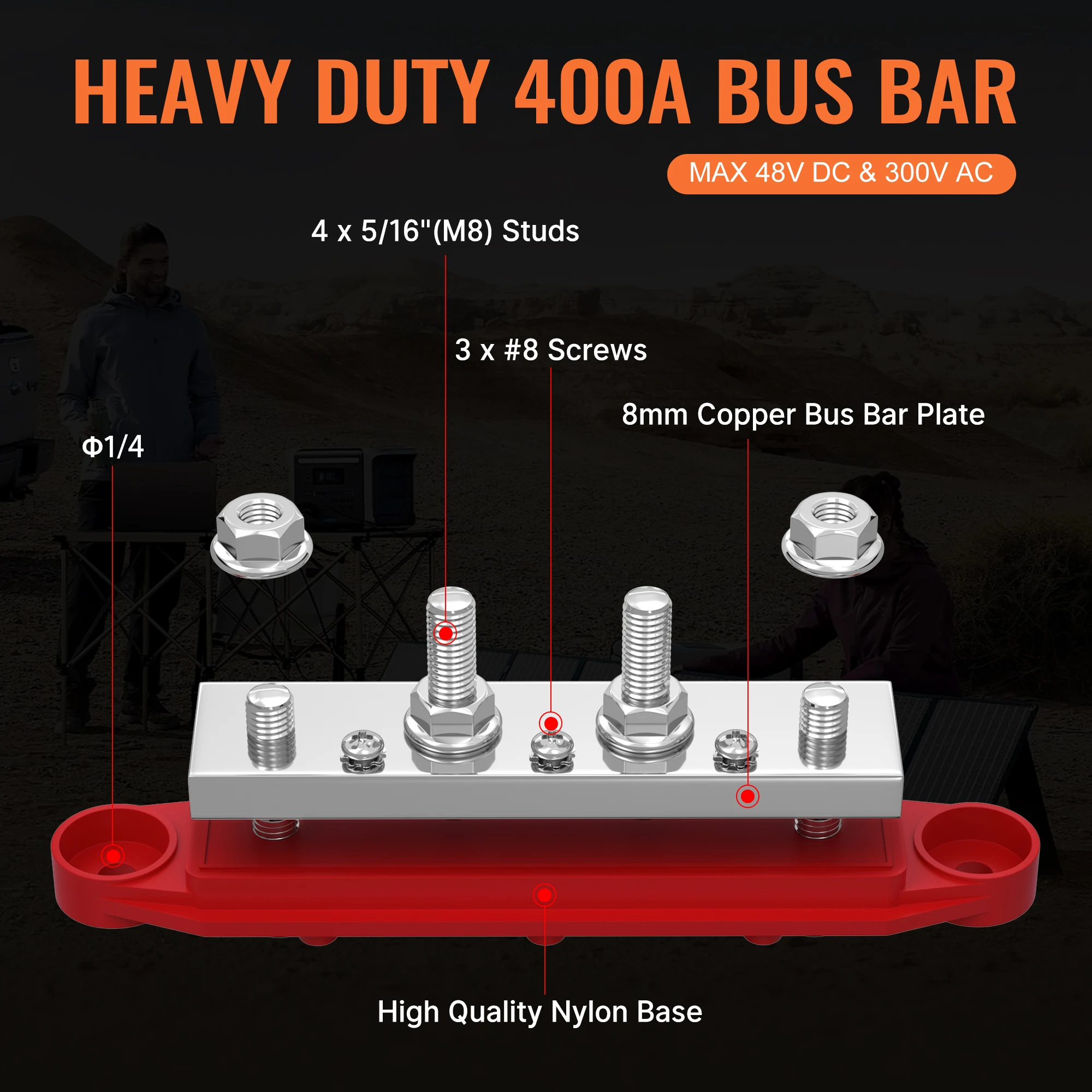 Heavy Duty 400A Power Distribution Block M8 Stud Battery Copper Bus Bar 48V DC Automotive Terminal Distribution Block for Car