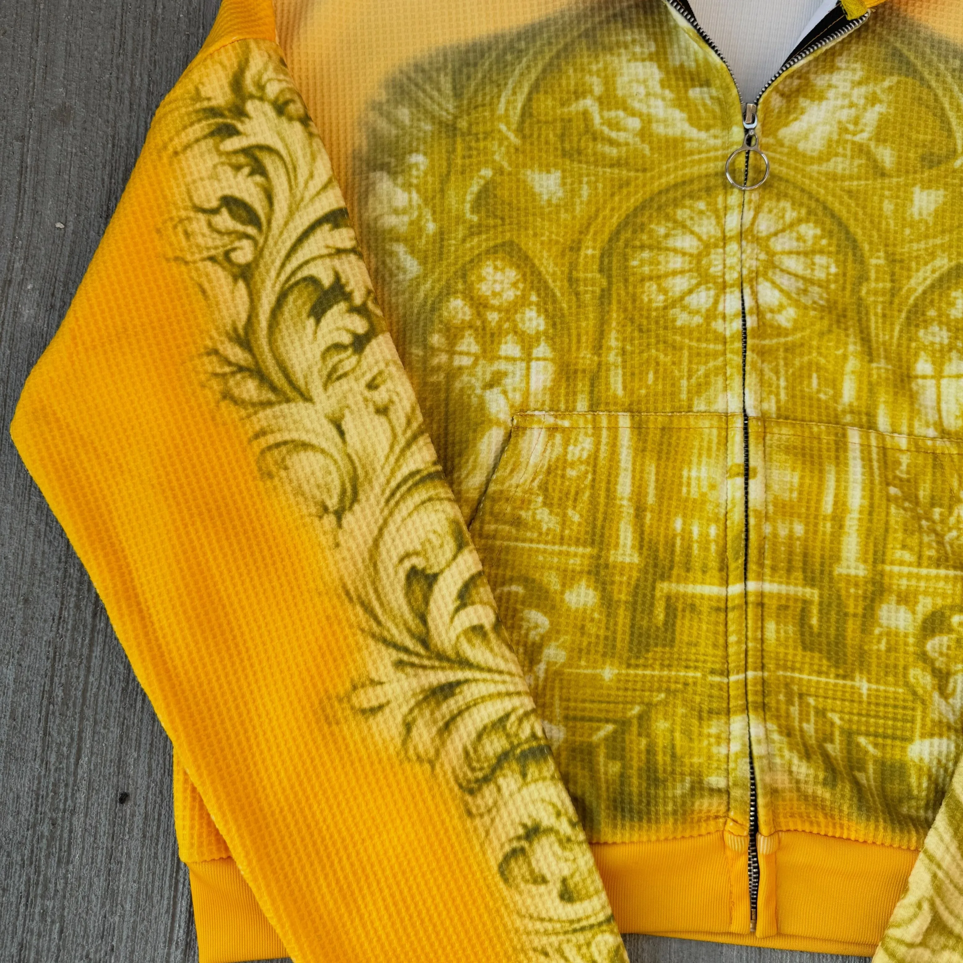 OEM ODM Custom Lined Winter Print Cotton French Terry Stripes Stitching Sun Fade Acid Washed Boxy Fit Zipper Hoodie Unisex gallery 3