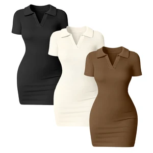 OQQ Wholesale Women's Sexy Ribbed Short Sleeved Dress Casual Fitting Mini Dress