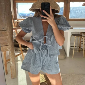 Y2K Vintage Plaid 2pcs Sets Loose V Neck Puff Sleeve Front Tie-Up Blouse Top + Shorts Lounge Matching Set Women's 2 Piece Outfit