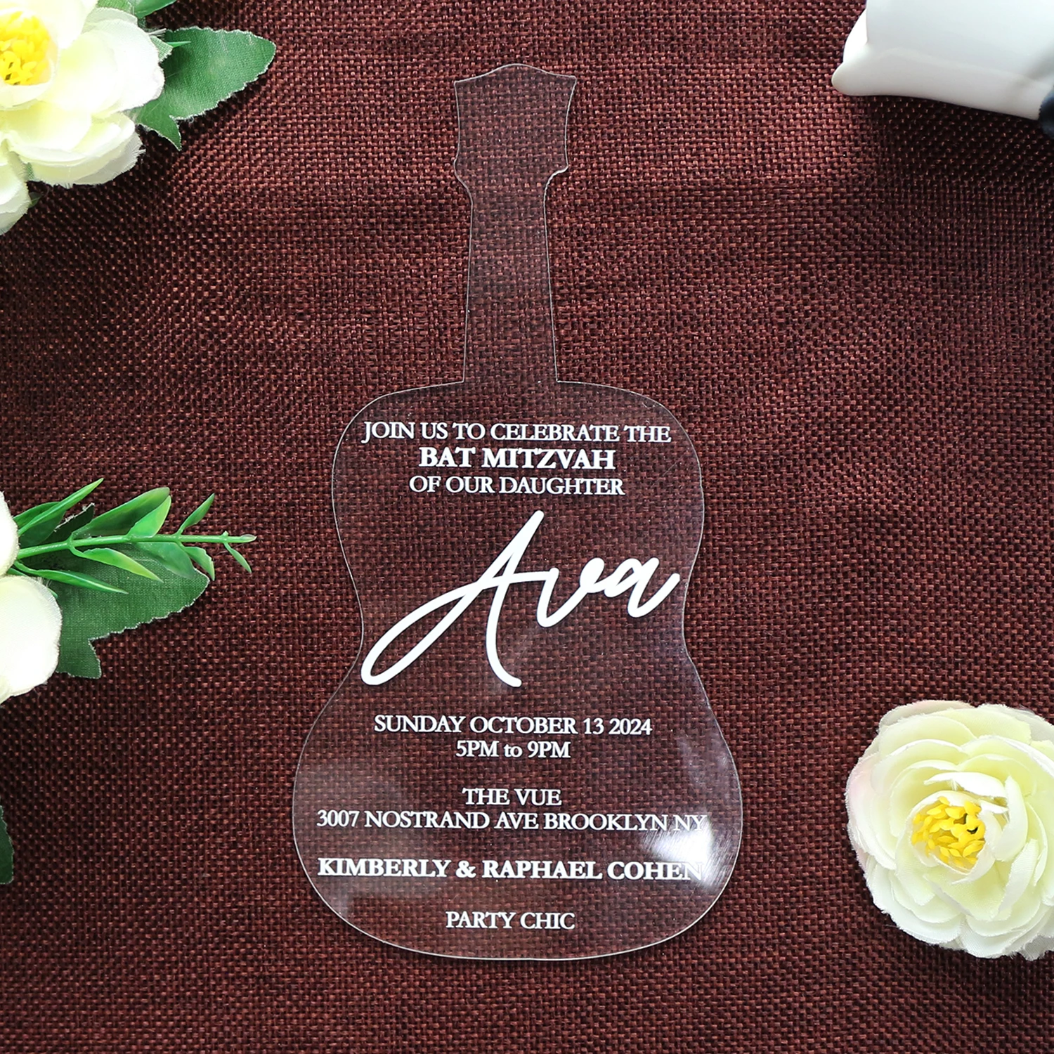 Music Theme Guitar Shape Clear Acrylic Birthday Invitations Acrylic  Stirrers Wedding Invitations, image size:1500x1500