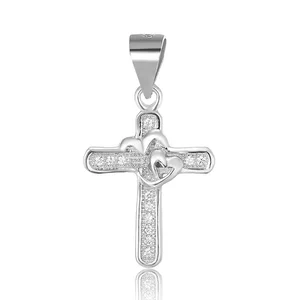 Small Exquisite Cross Heart Pendant Sterling Silver White Round Zirconia Cross Statement Wedding Cocktail Party Necklace Pendant