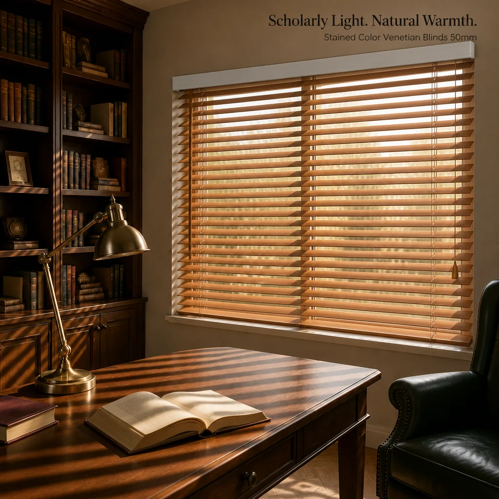 Stained Color Solid Wood Venetian Blinds 50mm Ladder String Tilt Wand Pull Cord Built-In Study Room Privacy Custom Size OEM