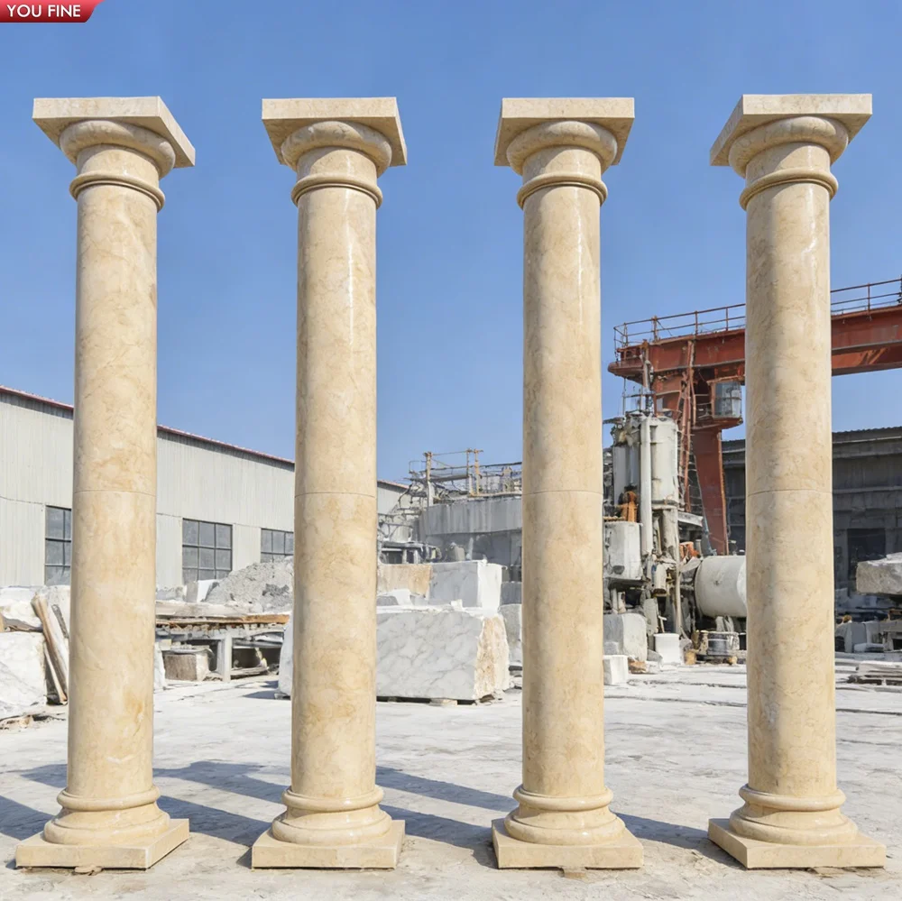 YOUFINE Beige Marble Roman Columns Hand Carved Decorative Pillars for Villa Hotel Building Projects