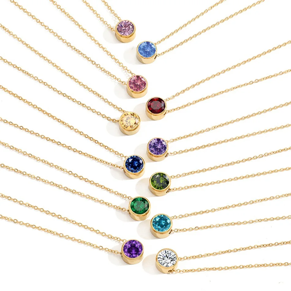 Shiny Colorful CZ Birthstone Necklace Round Stainless Steel Link Chain Necklace Boutique Birth Stone Zircon Necklace for Women