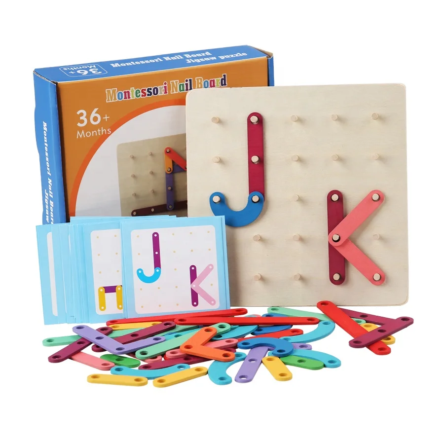 Toddlers Early Learning Alphabet Number Matching Game Toys Montessori Creative Geometric Wood Puzzle Nail Board