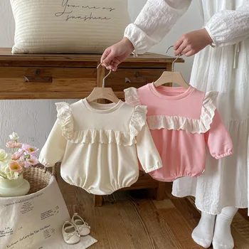 2026  Spring and Autumn Korean Version Ins Baby Romper Long Sleeve  Style One-Piece Solid Color Newborns Baby Girl Jumpsuit