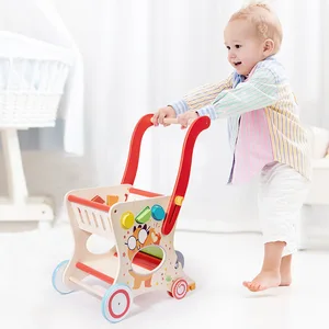 Best-selling Wooden Baby Walker Geometric Building Blocks Mini Supermarket Shopping Cart Toys for Kids Toddler Boys & Girls