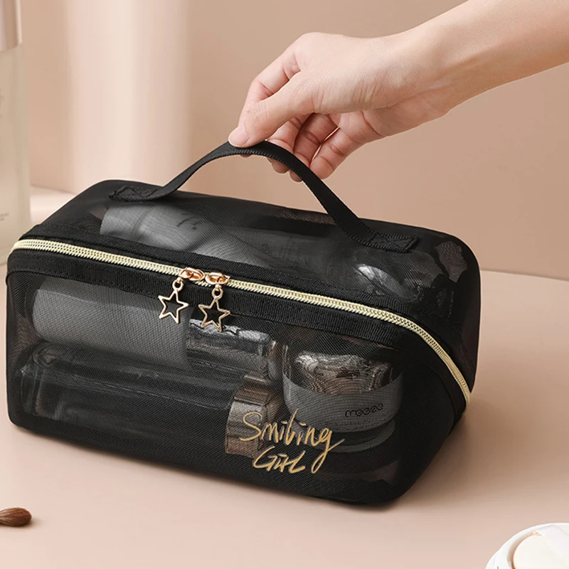 Portable Toiletry Bag Black Breathable Mesh Zipper Pouch Makeup