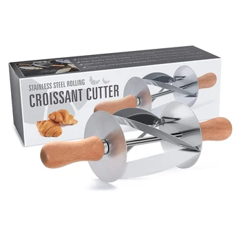 Stainless Steel Roller Slices with Oak Handle Perfect Shaped Pastry Dough Croissant Cutter Roller