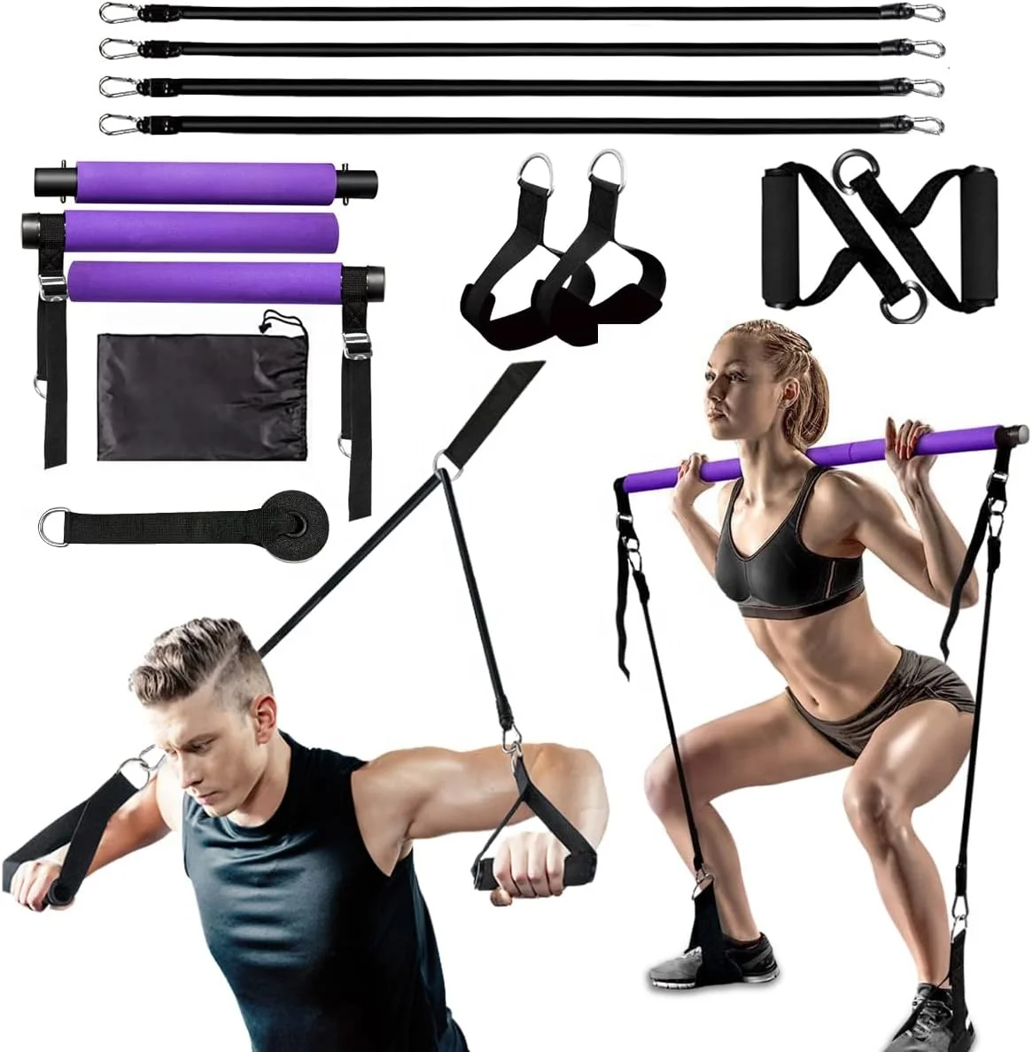 L0078 OEM/ODM Resistance Bands Set with Workout Bar Pilates Bar Kit Exercise Elastic Band with Handles and Door Anchor for Whole Body Training