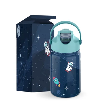 Cartoon Style Kids Vacuum Flask Insulated Stainless Steel Water Bottle with Straw Lid for School Life