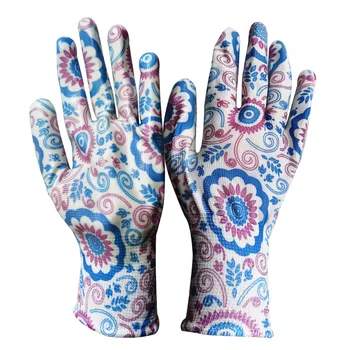 GD3002 Floral printing ladies Gardening Gloves Clear Nitrile coating seamless work hand gloves for women