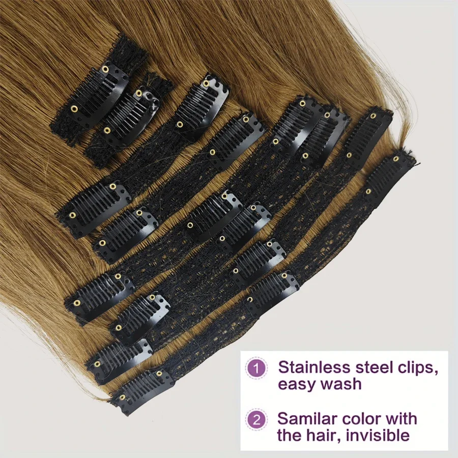 Echthaar Clip In Extensions Hellbraun Glatt 8 Teiliges Set_voghion.com