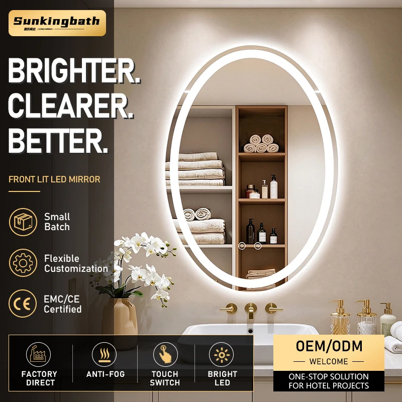 Commercial Bathroom Mirror Uk Plug Powered LED Anti-fog Oval Tempered Mirror Hotel Bathroom Decor Shatterproof Toughened Mirror
