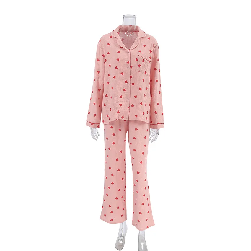 Women's Cotton Pajama Set Heart Print Breathable Long Sleeve Shirt Full Length Pants Turn-Down Collar Spring Sleepwear — detail